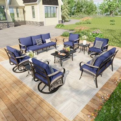 9 Person Outdoor Patio Modern Metal Party Conversation Set With 4 Swivel Chairs, Blue Cushion