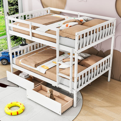 Wooden Convertible Bunk Bed With Storage Drawers And Safety Guardrails