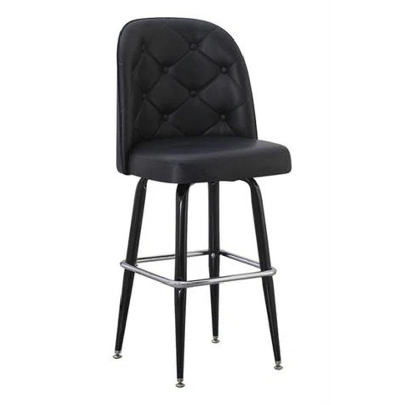 Tabouret de bar pivotant en métal avec siège capitonné brun et cadre carré noir avec repose-pieds chromé pour une utilisation à l'intérieur
