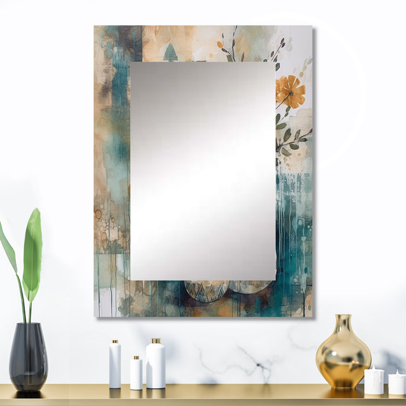 Orange And Green Abstract Bohemia IV - Boho Feather Wall Mirror, Traditional Decorative Mirror, Printed Metal Art, 32" x 24"