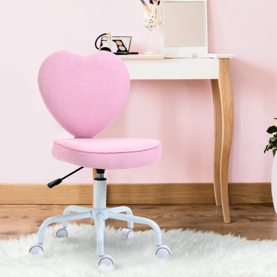 Chaise de bureau rose avec roulettes pivotantes à 360 ° et hauteur réglable, dossier en forme de cœur, rembourrage en lin en forme de cœur rose, siège à hauteur pivotante, coussin