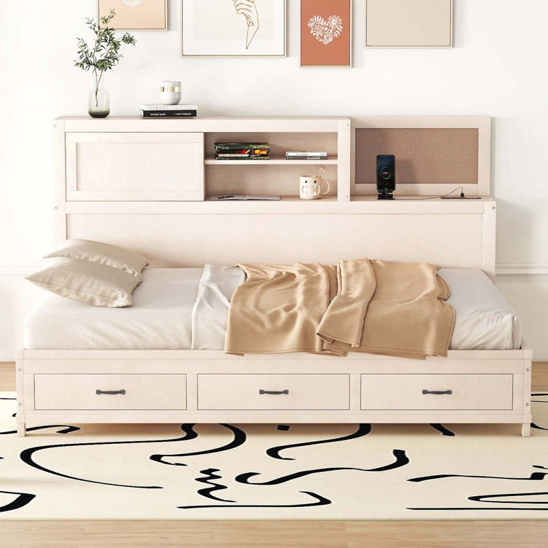 Wooden Daybed With 3 Storage Drawers, Upper Soft Board, Shelf, And A Set Of Sockets And USB Ports, Full/Double, White