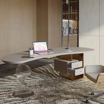 Bureau incurvé de luxe clair, table d'ordinateur irrégulière en acrylique en spirale, bureau d'écriture pour cadres de maison avec dessus en cuir et armoire à tiroirs en acier inoxydable