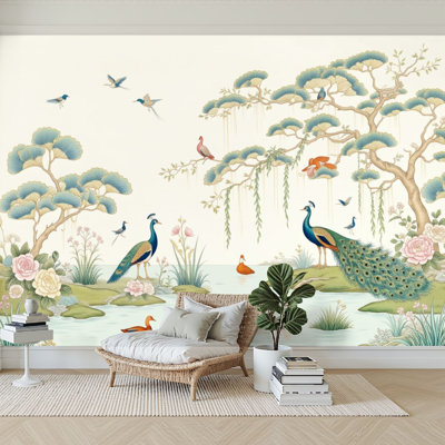 Peel and Stick Wallpaper 144" W x 100" H Modern Self Adhesive Wall Mural for Bedroom Elegant Peacocks Birds Tranquil Garden Soft Pastel Colors