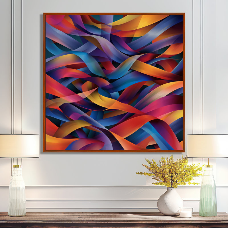 «Retro Warmness Colorful Paths Crossing - Waves», art mural, H 36 po x l 36 po, Cadre flottant brun