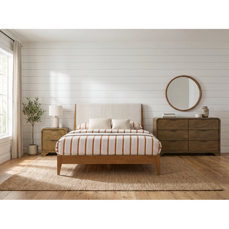 Asher Modern Craft Solid Wood 3 Pieces Fully Assemble Bedroom Set, Amber Walnut/Antique Oak, 3 Pcs: Bed, Dresser, Nightstand