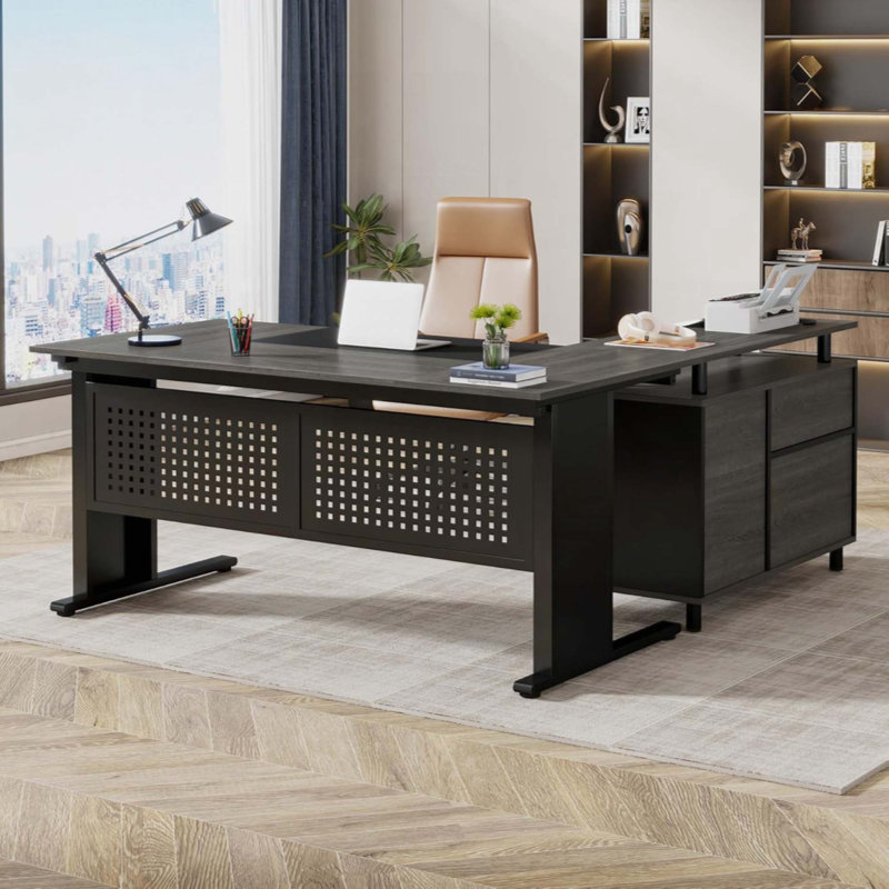 L-Shaped Executive Desk With File Cabinet, Large Modern Office Desk With Drawers, Shelves & Storage, Corner Computer Workstation For Home Office, Business Desk