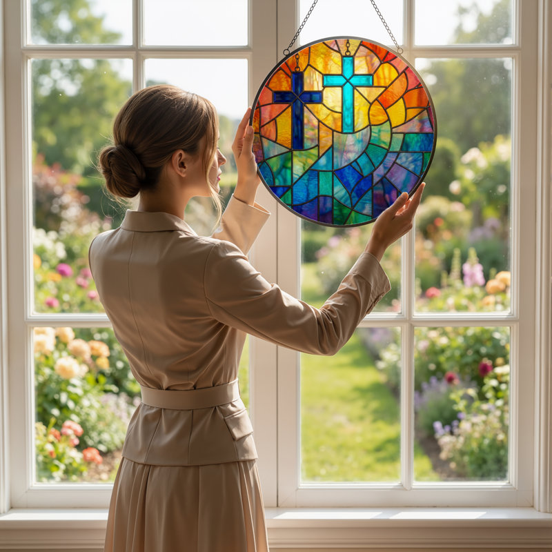 7.8"H Cross Light Stained Glass Window Panel, 7.8" H x 7.8" W