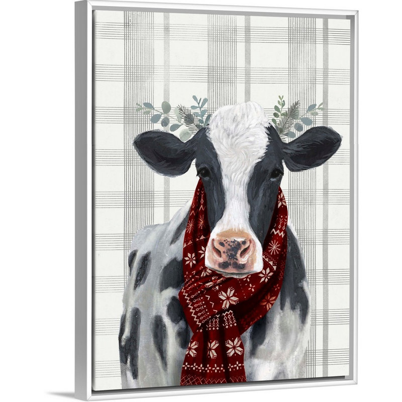 Reproduction d’art sur toile, "Yuletide cow I" par Victoria Borges, 18" H x 14" W x 1.75" D, Cadre blanc