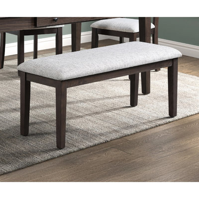 Banc contemporain en bois massif avec pieds fuselés, brun foncé et beige, profondeur de 16,8 pouces, largeur de 46,3 po, hauteur de 19,5 po pour la salle à manger, finition rembourrée en tissu beige, salle de design, P 16,8 po