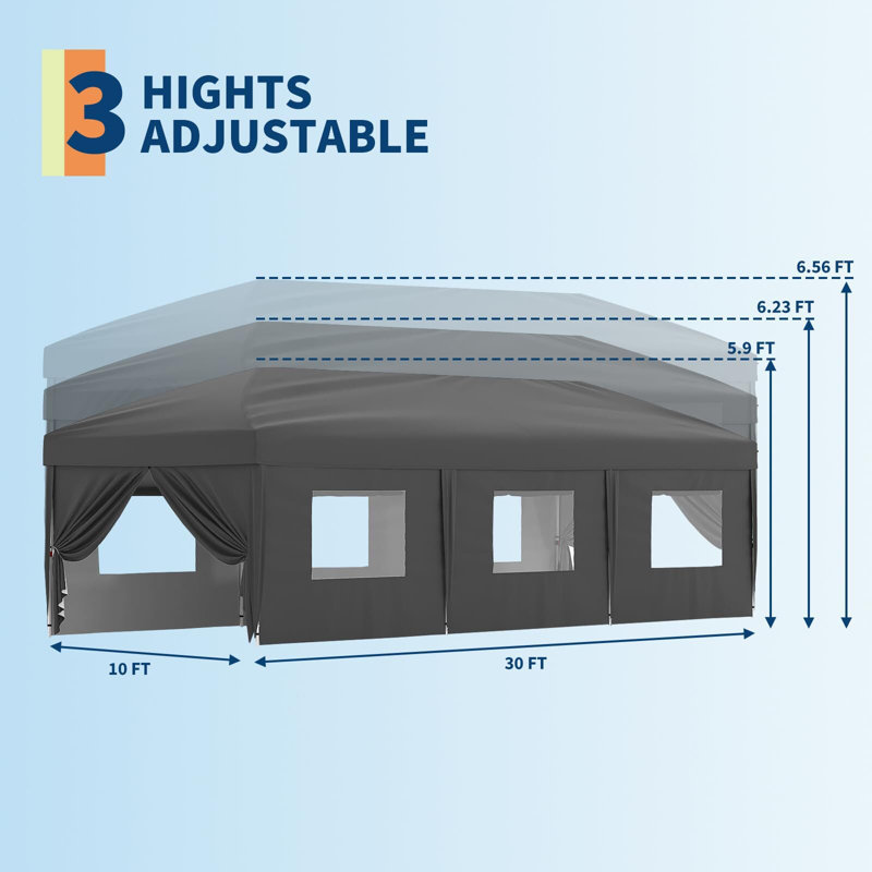 10x10ft / 10x30ft Pop Up Canopy Tent with Sidewalls - Heavy Duty Adjustable Height Outdoor Canopy, Includes 4/8-Weight Anchoring System / Roller Bag for Events/Camping - Blue/Black/Green/White/Gray/Khaki
