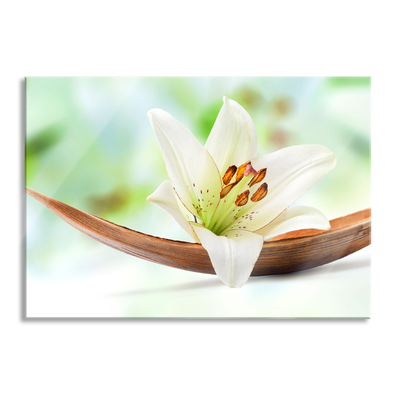 Lily Flower On Banana Leaf - No Frame Print on Glass, 70cm H x 100cm W x 0.4cm D