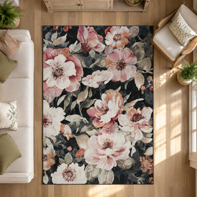 Tapis en polyester noir, rosé, rose, pêche et vert Eles