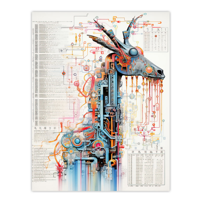 Wall Art Print Giraffe Robot Hybrid Schematic Futuristic Secret Complex Arcane Manuscript Gift Cave Poster