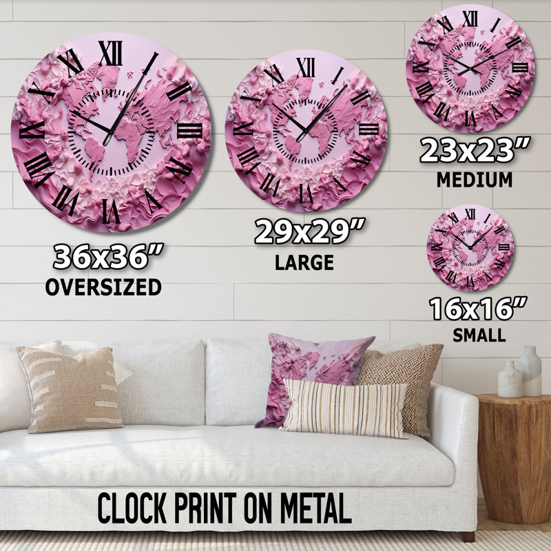Carte du monde des eaux fantaisistes roses - horloge murale, Surdimensionné