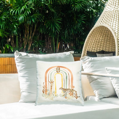 Coussin d'extérieur imprimé arc-en-ciel Jungle Animals par Audrey Jeanne Roberts