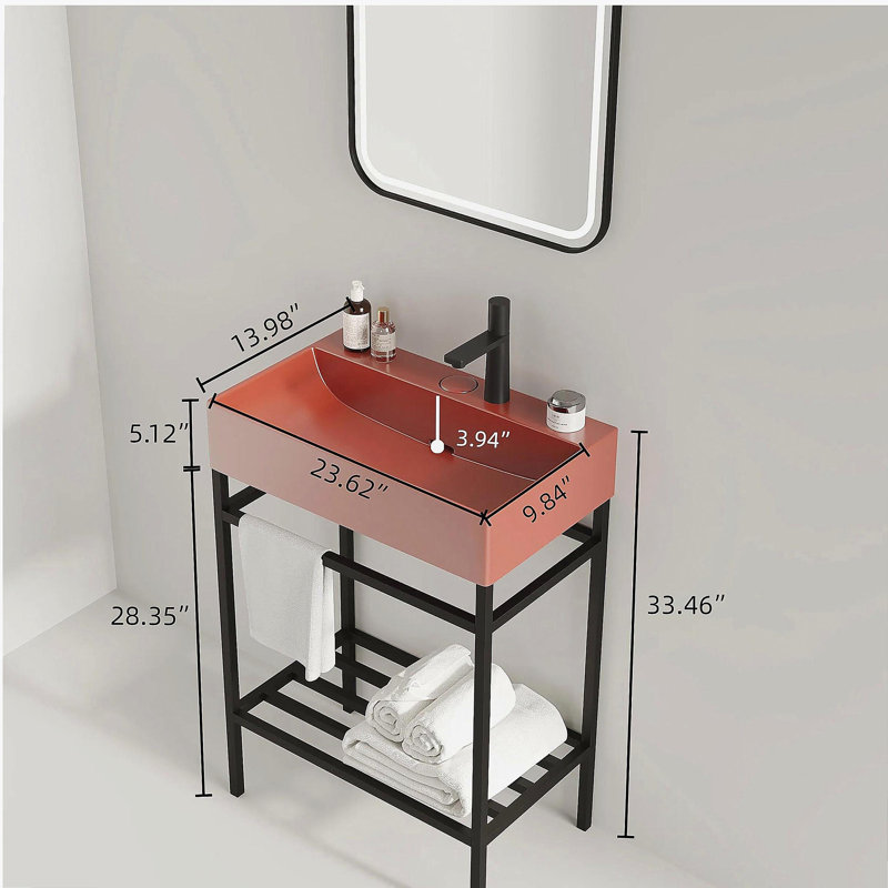 Meuble-lavabo de salle de bain avec lavabo en céramique, ensemble de lavabo de comptoir de salle de bain indépendant, lavabo rectangulaire en céramique sans robinet, pieds en métal ouverts, tablette de rangement