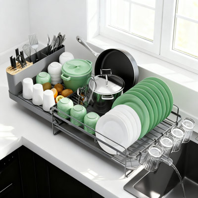 Large Dish Drying Rack - Extendable Dish Rack, Multifunctional Dish Rack For Kitchen Counter, Anti-Rust Dish Drainers With Cutlery 