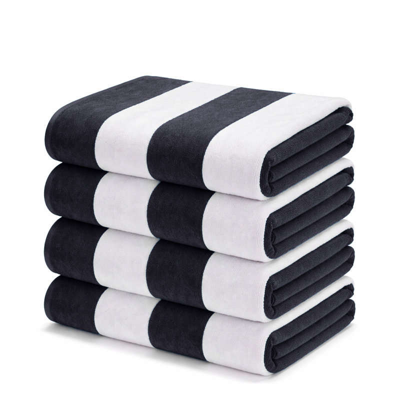 Superior Cabana Striped Cotton Standard Size Towel/ Chaise Lounge Chair Cover Set, Beach Towel - 4 Pack, Charcoal