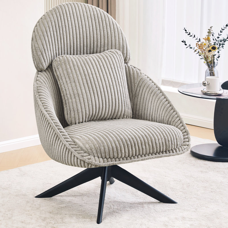 Fauteuil d'appoint pivotant avec coussin Areyah, Velours côtelé gris pâle