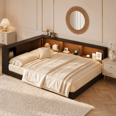 Grand lit de jour en bois avec tablettes de rangement, USB et DEL, brun