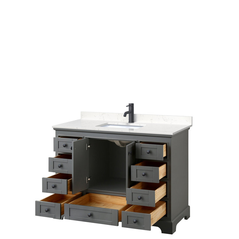 Deborah 48'' Single Bathroom Vanity with Marble Top, White Cultured Marble, Dark Gray, Matte Black