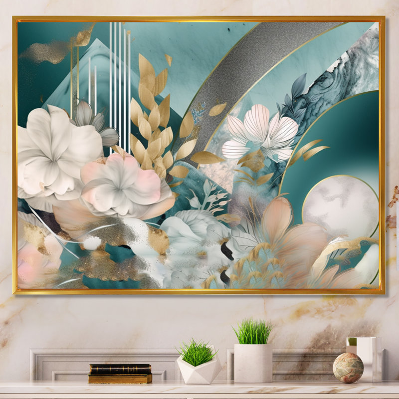 Motif floral doré doré et rose III - impression, H 24 po x l 32 po x P 1 po, Cadre flottant doré