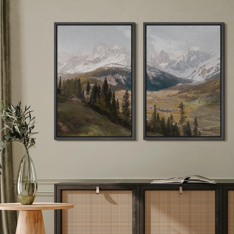 Mountain " Alpine Meadow And Mountain Range Rustic Cabin Nature Nature Wilderness Illustration Decor Scenic " 2 - Pieces