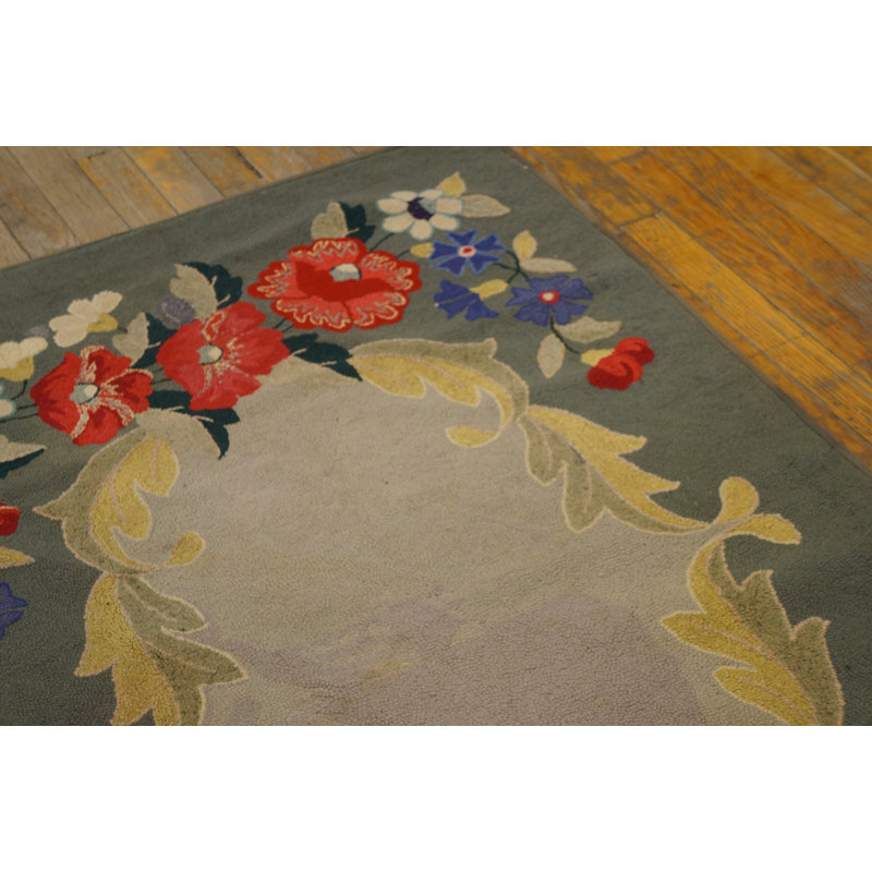 Gray and Cream Color Minimalist Solid Open Field Antique Small American Hooked Rug