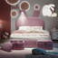 Lit plateforme tapissier pleine grandeur rose avec tête de lit à oreilles, lumières DEL, tabourets de rangement, aucun sommier nécessaire