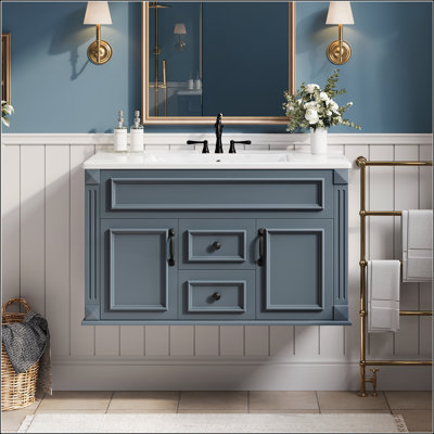36 Inch Wall Mounted Bathroom Cabinet with Ceramic Sink and Drawers, French Simple Style Vanity with Soft Closing Hinges