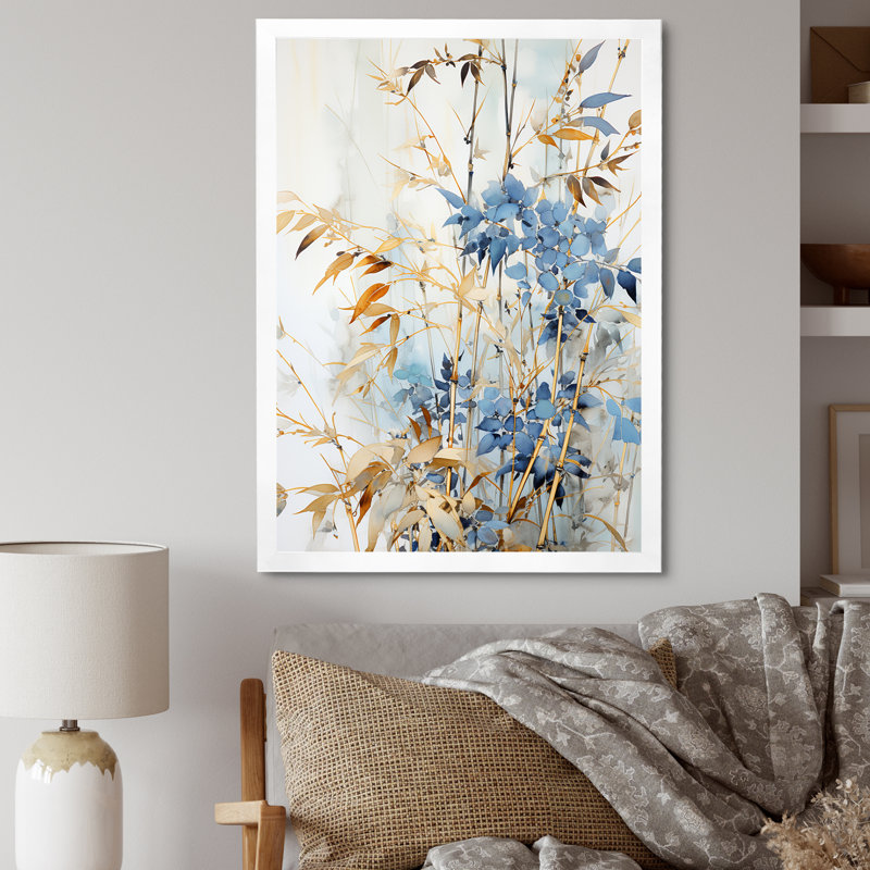 Décoration murale bleue et dorée en bambou Zen V - Bamboo_106596, H 32 po x l 16 po x P 1 po, Cadre simple blanc
