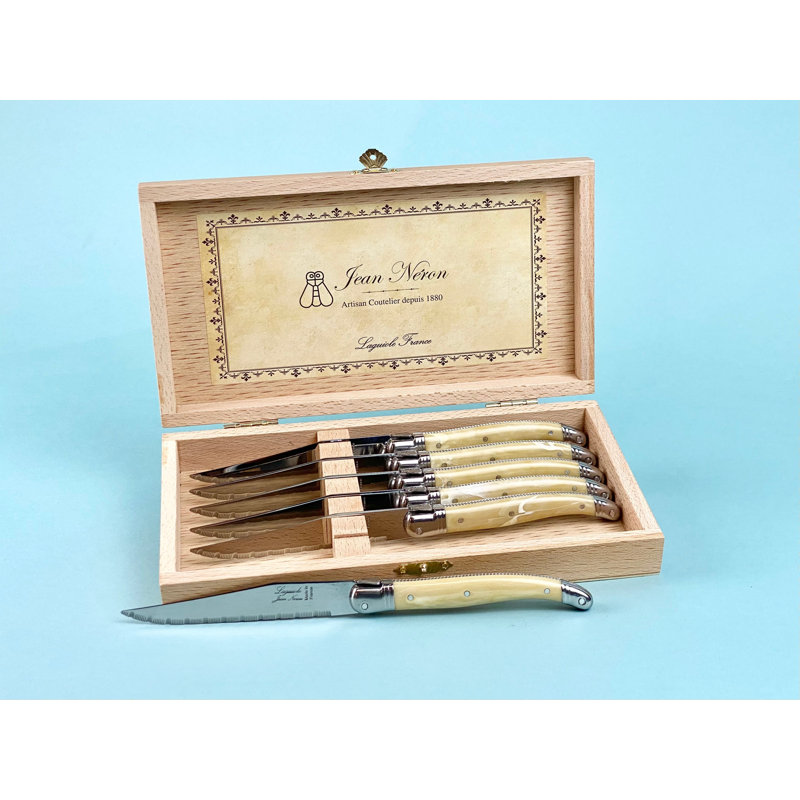 Ensemble de 6 couteaux à steak Laguiole, platine arc-en-ciel dans une boîte de présentation en bois, Tanné