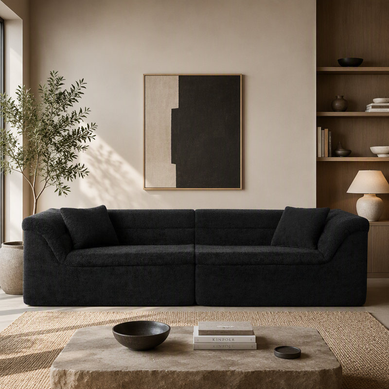 Canapé modulaire droit 2 pièces, canapé rembourré moderne avec accoudoirs rembourrés courbés et poche de rangement latérale dans la poche latérale pour le salon - noir