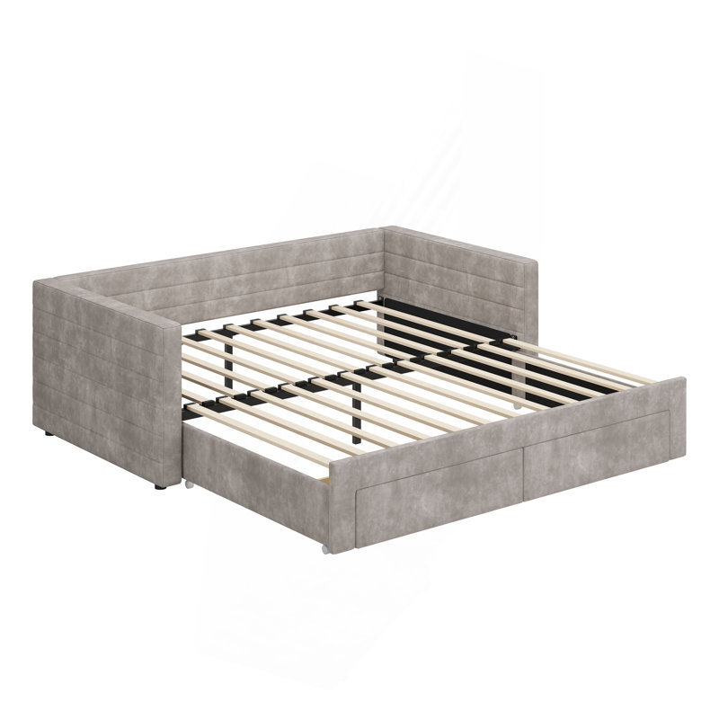 Structure de lit de jour simple rembourré extensible avec lit gigogne, canapé-lit en tissu chenille avec tiroirs de rangement pour le salon