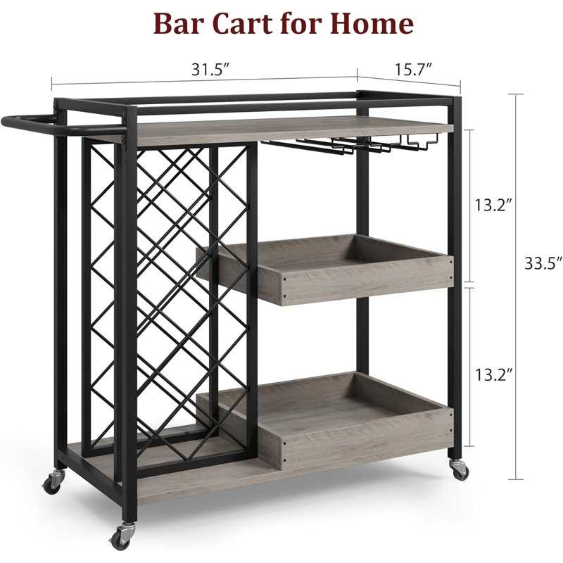 Chariot-bar en métal à 3 niveaux, Bois beige