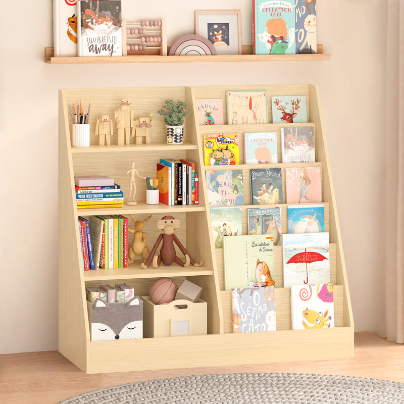 Bibliothèque pour tout-petits à 4 niveaux avec casiers de rangement, bibliothèque en bois pour chambre de bébé, Naturel