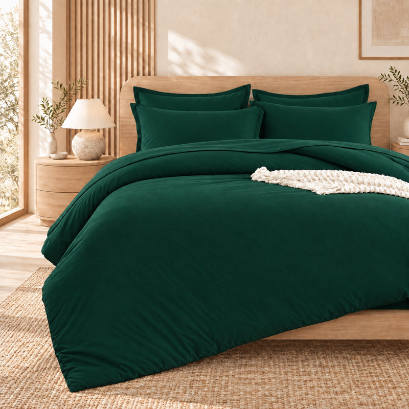 Ensemble d'édredon pour grand lit Andency vert foncé - 7 pièces Ensembles d'édredon pour grand lit, ensemble de lit léger uni avec édredon, draps, taies d'oreiller et taies décoratives