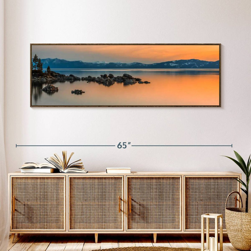 Rocky Lake Tahoe Sunset, 57" X 19", Floating Frame Walnut