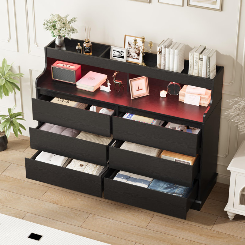 6 Drawer Dresser with RGB LED Lights & Charging Station, Wide Storage Chest with Open Shelf for Bedroom Living Room, Black