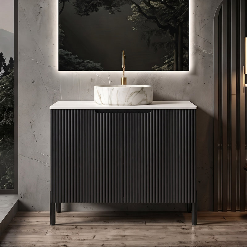 Meuble-lavabo autoportant avec lavabo et portes en céramique, comptoir blanc Carrara, Noir