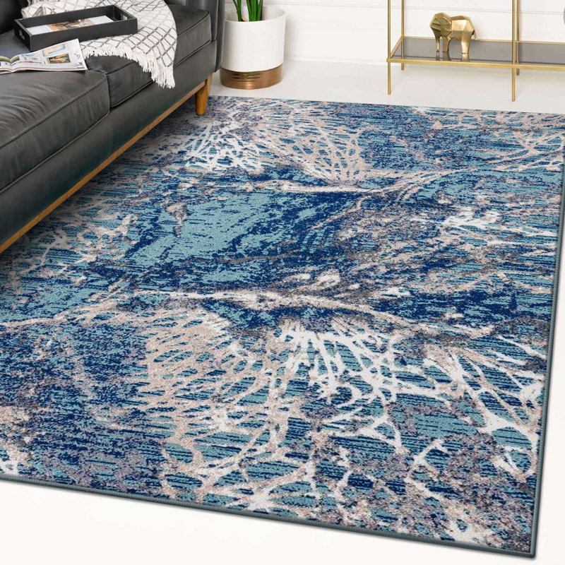 Tapis abstrait bleu / gris Elrosa, Rectangle 7 pi 5 po x 10 pi 4 po