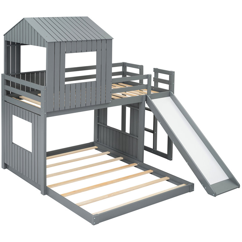 Lit superposé gris simple au-dessus d'un lit double avec une maisonnette en bois de pin massif et construction, glissade, garde-corps, maisonnette en bois d'une capacité de poids de 400 / 600Lbs, construction, 400Lbs / 600Lbs
