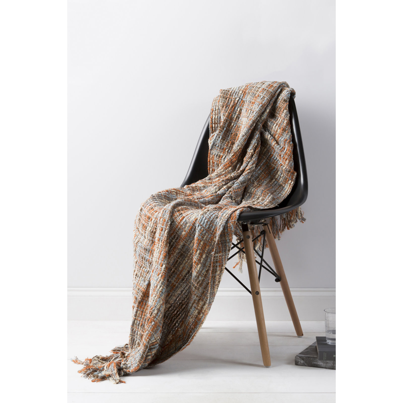 Ameeran Acrylic Hand Woven Throw Blanket, Rust, Ivory, Light Blue, Mushroom, Gray