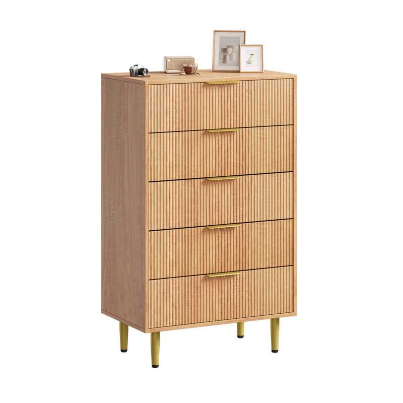 Commode à tiroirs cannelée moderne, commode en bois avec poignées et pieds en métal, rangement, Brun