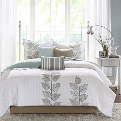 Courtepointe à broderies bleues et blanches à motif de feuilles, double / grand, microfibre, brodée de qualité fine, douce et confortable