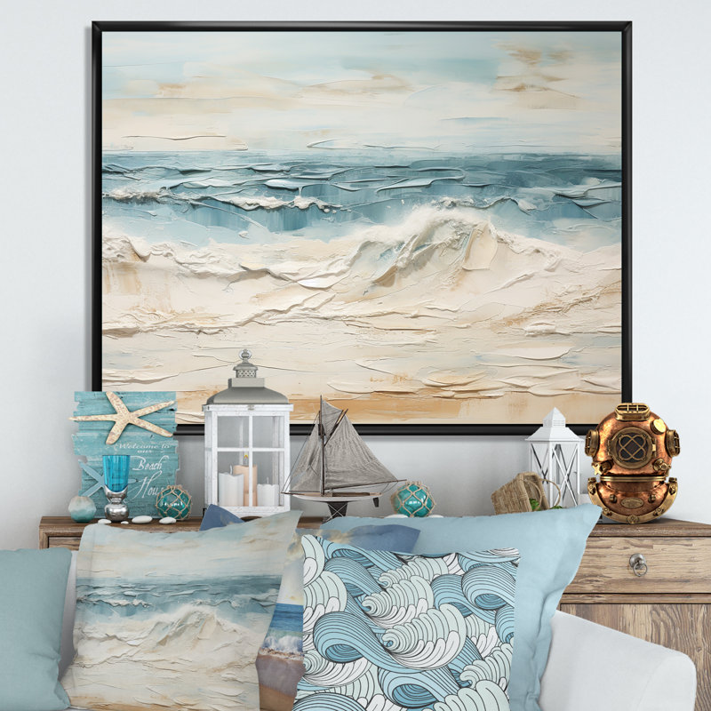 «Beige et bleu plage tranquille» sur toile, Cadre flottant noir, H 16 po x l 32 po x P 1 po