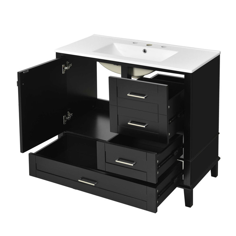 Meuble-lavabo de 36 pouces avec cadre en pin massif, porte à fermeture en douceur et 3 tiroirs pour un rangement moderne