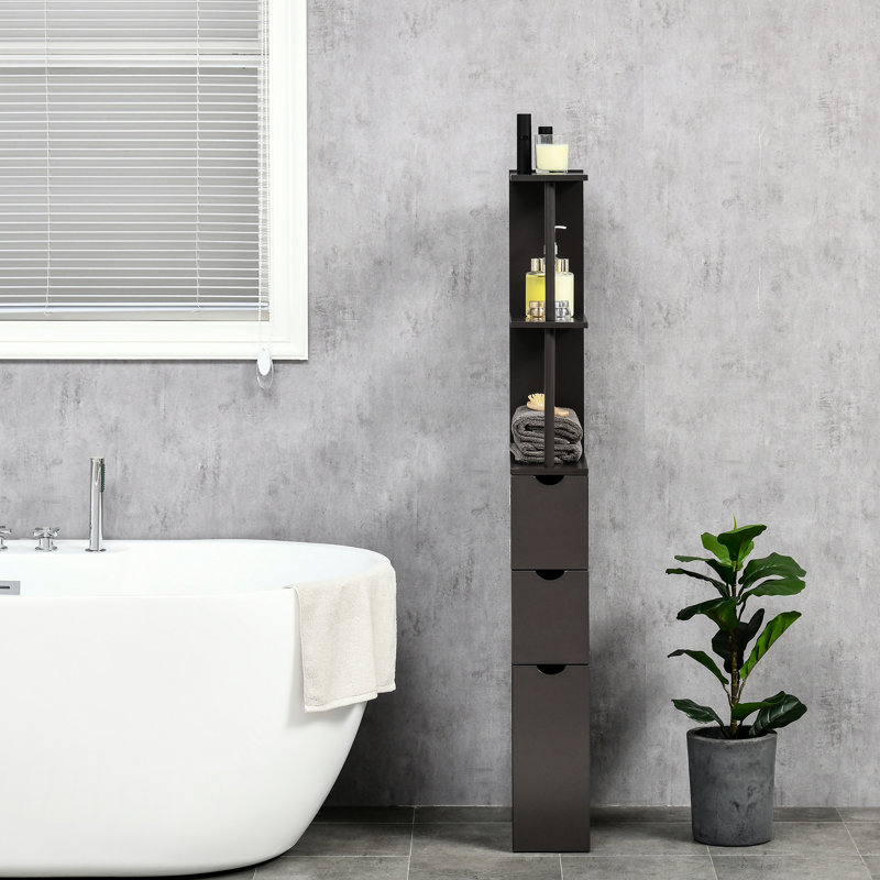 Bathroom Cabinet 54", Freestanding Linen Tower With 2 Shelf And Drawers, Space Saving Narrow Floor Organizer, Brown Storage