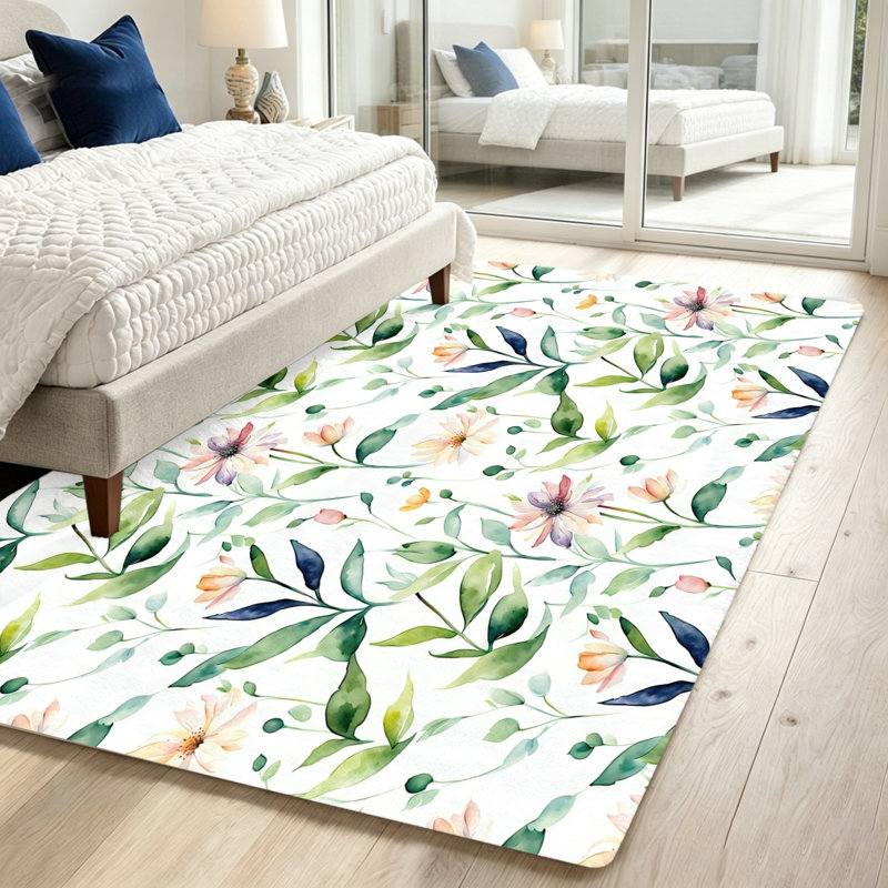 Watercolor Floral Area Rug, Botanical Print Accent, Soft Washable Non-Slip Floor Mat for Living Room, Bedroom, Entryway, Boho Home Decor, Indoor Office and Dining Spaces